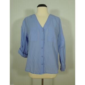 LARSEN GRAY Shirt L LARGE Womens V-Neck Button Front Pinstripe Fabric